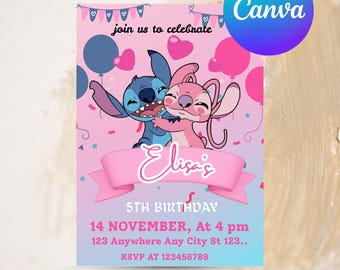 Stitch and Angel Birthday Invitation: Editable & Printable Template – Beautiful Invitation for Your Little One's Birthday, Editable in Canva
