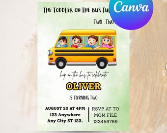 The Toddler on the Bus Turns Two Two Two - 2nd Birthday Invitation | Wheels on the Bus Theme | Digital Download | Printable Party Invite
