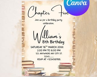 Editable Chapter Birthday Invitation, Book Invitation, Any Age Birthday Invitation, Book Themed Birthday Invitation