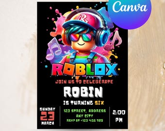 Könnte beinhalten: Schwarze Einladungskarte mit einer Roblox-Figur mit Kopfhörern und Sonnenbrille. Die Karte sagt "Feiern Sie mit uns, Robin wird sechs" mit Datum, Uhrzeit und Kontaktinformationen. Der Text "Vollständig bearbeitbar in Canva" steht unten.