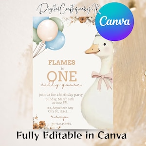 One Silly Goose Birthday Invitation, Printable 1st Birthday Girl Invitation Template, Editable Digital Birthday Invitations