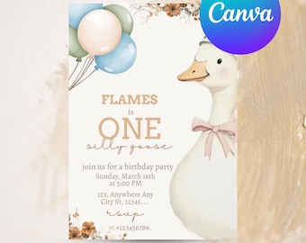 One Silly Goose Birthday Invitation, Printable 1st Birthday Girl Invitation Template, Editable Digital Birthday Invitations