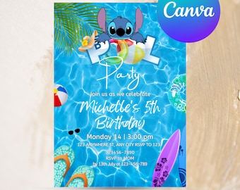 Editable Stitch Pool Party Birthday Invitation Template, Printable Birthday Pool Party Invitations, Digital Kids Party Invite, Canva