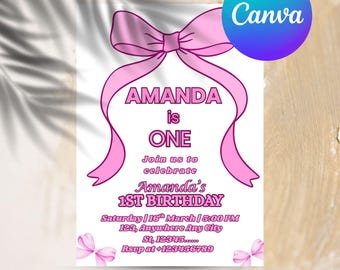 Editable Coquette Pink Bow Birthday Invitation, Pink Bow Birthday Invitation, Ribbon Birthday Invitation, Pink Coquette Bow Invite