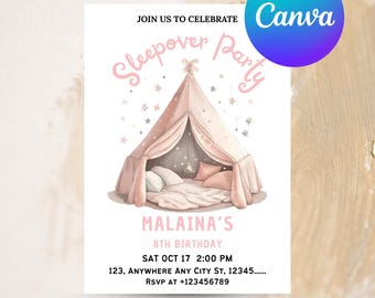Sleepover Birthday Minimalist Invitation Set Slumber Party Invite Girl Pajama Party Glamping Tent Digital Printable Editable Download Canva