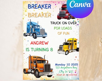 Semi-Truck Birthday Party Invitation, Template, Trucker Birthday Invite, Tractor Trailer Birthday Party, Truck Birthday Invite