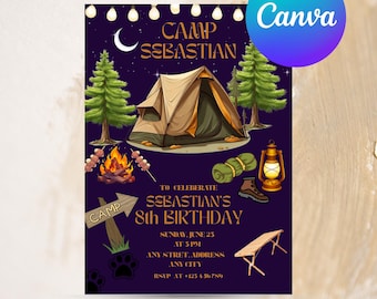 Może przedstawiać: Fioletowe zaproszenie na przyjęcie urodzinowe o tematyce kempingowej. Projekt przedstawia namiot, ognisko i sprzęt kempingowy. Tekst brzmi "Camp Sebastian" i "Fully Editable in Canva."
