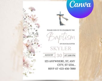 Invitación de bautizo con flores rosas, invitación de bautizo con flores silvestres, plantilla de invitación de bautizo con flores de primavera, invitación de bautizo imprimible con rubor