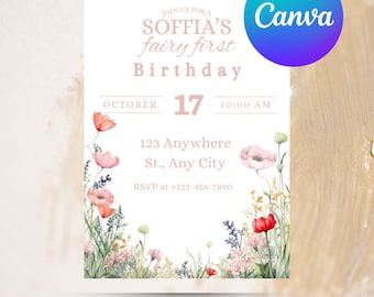 Wildflower Birthday Invitation Garden Party Invite Girl 18th Birthday Pink Purple Wild Flower Floral Spring Flowers Butterfly EDITABLE