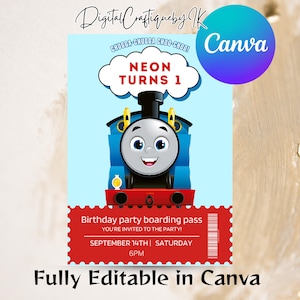 May include: A birthday party invitation featuring a blue cartoon train with a smiling face. The invitation includes the text "NEON TURNS 1" in a cloud, and a red boarding pass with event details. The Canva logo is visible.