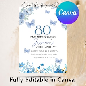 80e Faire-part d'anniversaire bleu poussiéreux, 80e modèle d'invitation, fête d'anniversaire numérique hiver adulte, 80e carte florale, anniversaire téléchargement immédiat