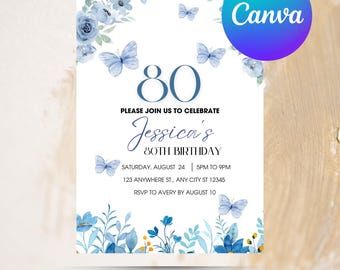 80th Dusty Blue Birthday Invitation, 80th Invite Template, Digital Winter Adult Birthday Party, Floral 80th Card, Birthday Instant Download