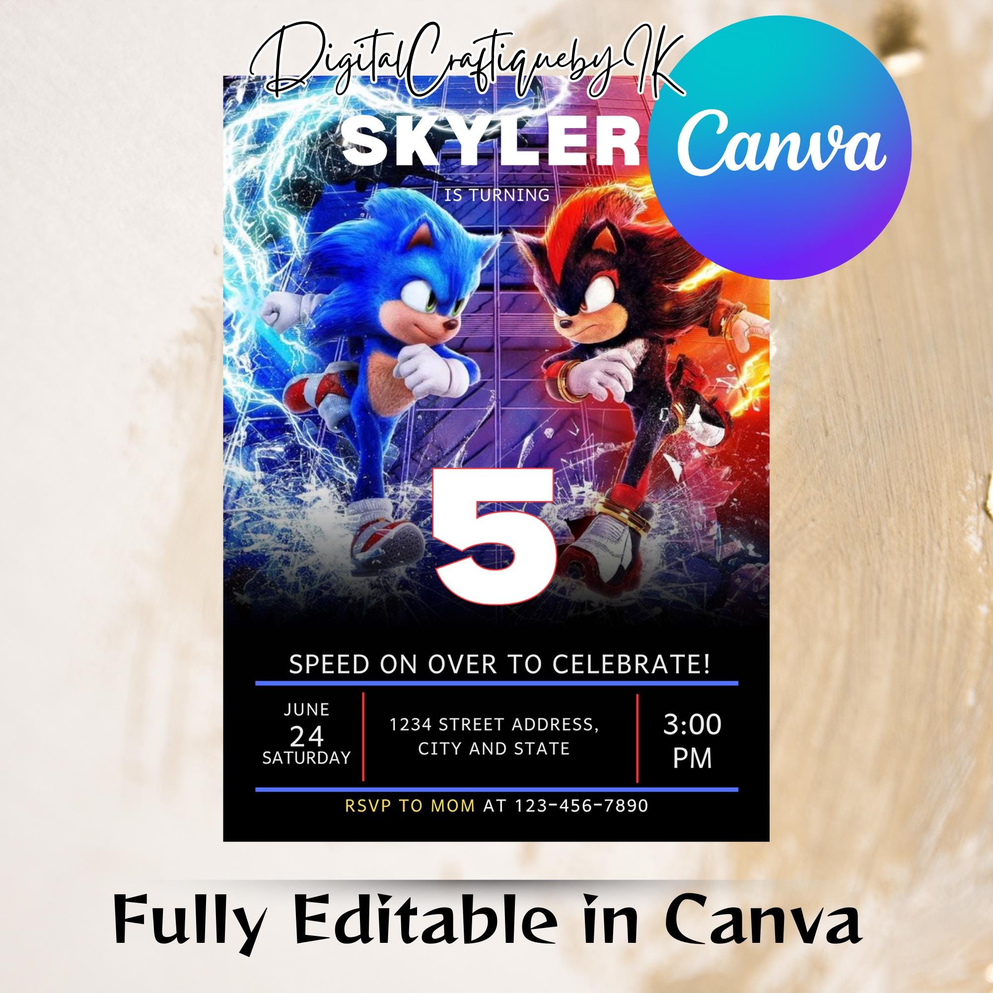 Sonic 3 Birthday Invitation, Super Sonic Party Invitation, Super Hedgehog Boys Party Invite, Editable Sonic Invite Template, Canva Template