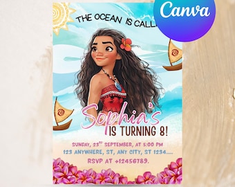 Invitación de cumpleaños de Moana / Invitación digital editable de Ocean Girl para niñas / Plantilla personalizada de Canva para fiesta de Moana / Tarjeta de descarga instantánea