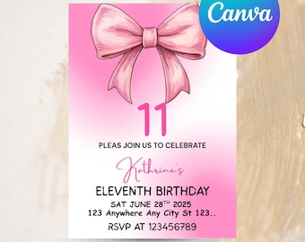 Invitación de cumpleaños con lazo rosa, invitación de cumpleaños rosa para niña, invitación de lazo rosa coqueta, invitación de cumpleaños con lazo rosa para niña, Canva de 5 x 7
