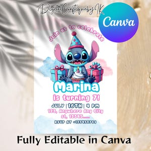 Bearbeitbare Stitch-Geburtstagseinladungsvorlage, druckbare Einladungen zur Geburtstagsfeier, digitale Kinderparty-Einladung Jungen- und Mädchen-Geburtstagskarte Evite