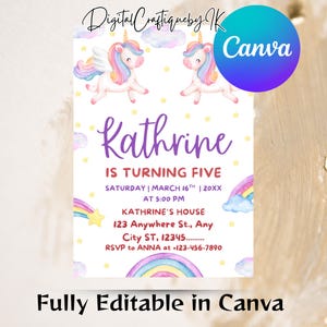 Rainbow Unicorn Birthday Girl Invitation Template, Printable Birthday Unicorn Invite, Any Age Magical Unicorn Theme Birthday Party