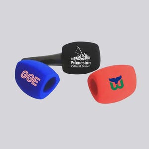 May include: Three microphone wind covers in blue, black, and red. The blue cover has the letters "GGE" in pink. The black cover has the text "Polynesian Cultural Center" and a logo. The red cover has a green whale tail logo.