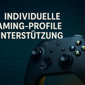Può includere: Un controller da gioco nero con pulsanti gialli e bianchi. Il testo "INDIVIDUELLE GAMING-PROFILE & UNTERSTÜTZUNG" è sullo sfondo.
