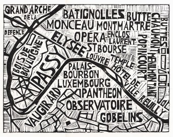Typographic Linocut Map of Paris Arrondissements by Abigail Daker