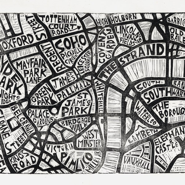 Typographic Linocut Map of Central London by Abigail Daker