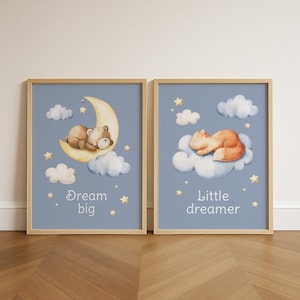 Paquete de 2 láminas / Arte mural para habitación infantil "Dulces sueños" - "Sueña en grande, pequeño soñador" / Pósters de animales del bosque para decorar habitaciones de bebés y niños