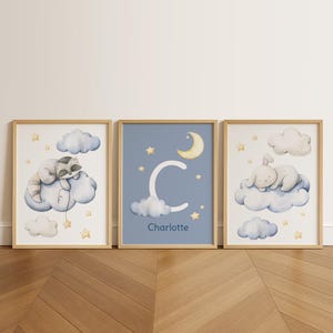 Set di stampe "Sweet Dreams" - 3 poster / Stampa personalizzata con nome + Coniglietto e procione addormentati / Decorazione murale per cameretta / Decorazioni per cameretta unisex