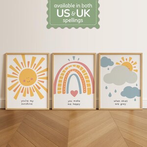 Set de 3 láminas para habitación infantil: «Eres mi sol, me alegras cuando el cielo es gris» / Arte para habitación de bebé / Decoración de pared infantil