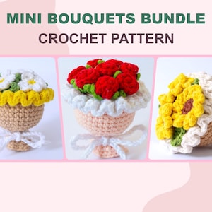 Crochet flower bouquet bundle with mini rose bouquet, sunflower and daisy flower bouquet pattern PDF, great as keychain, mother’s day gift