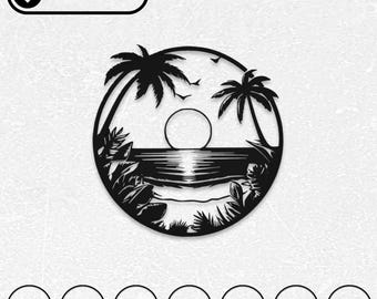 トロピカルサンセットSVG DXFレーザーカットファイル | 自然風景デジタルダウンロード