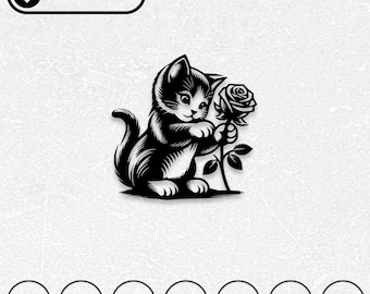 花柄の猫のSVG、DXF、AIファイル（レーザーカット用）｜花と猫のクリップアート｜レーザー彫刻ファイル｜CNCカッティングルーター｜デジタル即時ダウンロード