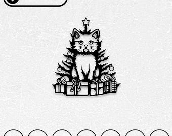 クリスマスキャット SVG DXF ファイル | レーザーカット、CNC ルーター (デジタルダウンロード)