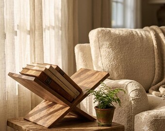 Soporte para libros de madera maciza de mango – Expositor marrón colonial para libros de mesa de centro