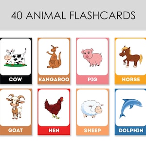 Printable Animal Flashcards for Kids | 40 Cute Animals | Preschool, Montessori, Homeschool Learning Cards | Digital PDF