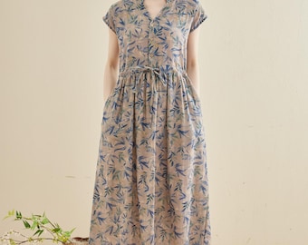 Printed Dress Summer Floral Cotton Soft Dress Short-sleeves Midi Dresses Customize Plus Dress, Unique prints Personalized and Novel Dress