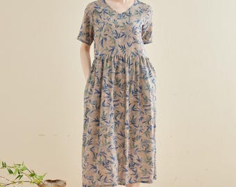 Printed Dress Summer Floral Cotton Soft Dress Short-sleeves Midi Dresses Customize Plus Dress, Unique prints Personalized and Novel Dress