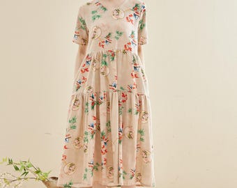 Printed Dress Summer Floral Cotton Soft Dress Short-sleeves Midi Dresses Customize Plus Dress, Unique prints Personalized and Novel Dress