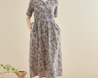 Printed Dress Summer Floral Cotton Soft Dress Short-sleeves Midi Dresses Customize Plus Dress, Unique prints Personalized and Novel Dress