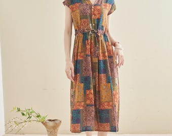 Printed Dress Summer Floral Cotton Soft Dress Short-sleeves Midi Dresses Customize Plus Dress, Unique prints Personalized and Novel Dress