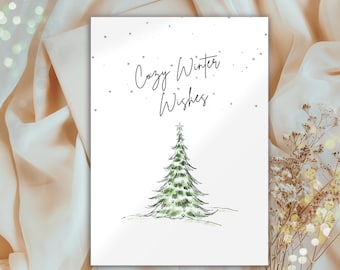 Printable Christmas Card | Minimal Watercolor Tree Illustration | Holiday Greeting Card | Instant Download