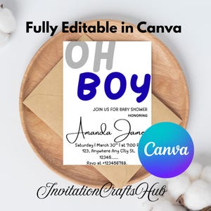 Oh Boy Baby Shower Invitation, Boy Minimalist Baby Shower Invite, Editable & Printable Baby Shower Invitation, Canva Template
