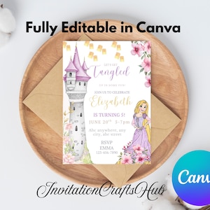 Convite de aniversário editável da Rapunzel, convite de aniversário da princesa, convite de aniversário Enrolados, Evite digital, modelo Canva