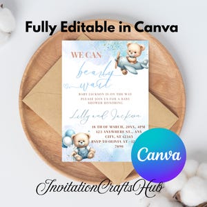 Editable Twin Boys Blue Twins Twin Teddy Bear Balloon We Can Bearly Wait Invitation Baby Shower Twin Shower Sprinkle Invite Template