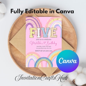 5th Birthday Invitation Girl, 5th Rainbow Sequin Birthday Editable Invite, 5th Glitter Birthday Invitation, Printable Editable Template