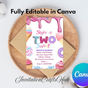 Zwei süße Geburtstagseinladung, 2. Geburtstagskind einladen, Donut Candy Dessert Party, bearbeitbare Vorlage, druckbarer digitaler Download