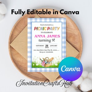 Picnic Party Invitation Template, Birthday Party Canva 5x7 Invitation Template, Instant Download, Picnic Invitation, Textable phone invite