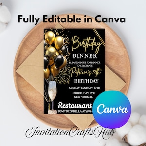 Digital Birthday Dinner Invitation Template, Black Tie Glam Invite, Animated Black Golden Diamond Evite For Men & Women, Self Editable eCard