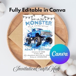 Monster truck Birthday Invitation editable template birthday party Invite Printable Canva instant download monster trucks