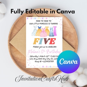 Watercolour Princess 5th birthday invitation, canva Self-Editable birthday invitation template, Princess Dresses Birthday Girls invite