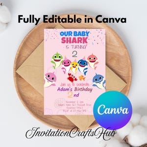 Invito di compleanno Baby Shark stampabile e modificabile, invito di compleanno per bambino e bambina, invito di compleanno per bambini, invito per la festa di Baby Shark